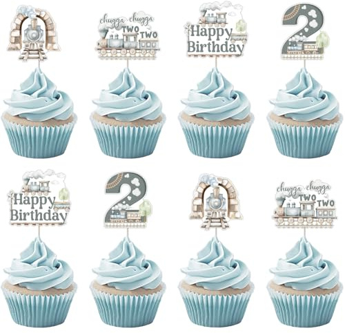 kreat4joy Train 2nd Birthday Decoration Boy, 24pcs Chugga Chugga Two Two Birthday Party Decoration Cupcake Topper Double-Sided Printing Cake Decor for Train Second 2 Year Old Birthday Party Decoration