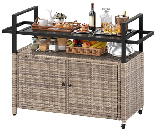 DWVO XL Outdoor Storage Cabinet,Patio Storage Table with Glass Top, Bar Table with Wheels,Outdoor Bar Cart for Patio, Poolside and Backyard,Light Brown