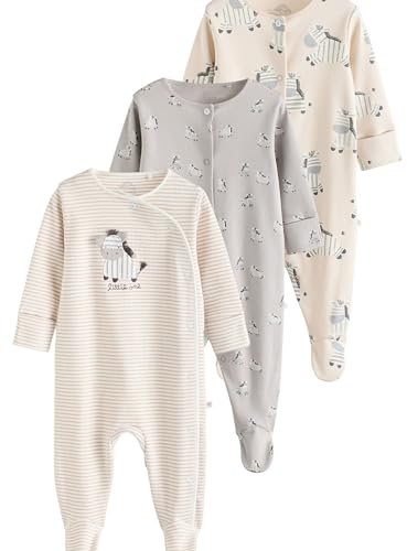 NEXT Unisex Bambino Confezione da 3 tutine per neonati in 100% cotone con zebre Grigio 6 Mesi-9 Mesi