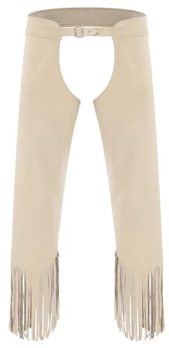 Lorilida Men's Vintage Cowboy Cowgirls Chaps Faux Suede Pants Open Crotch Tassel Split Trousers Costume for Halloween Beige Medium