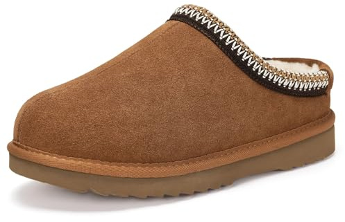 Dokela Femme Homme Chausson en Daim Suède Cuir Véritable Pantoufles Hiver Chaud Doublure en Feutre Confortable Imperméable Antidérapante Slippers,Brun Foncé,42 EU