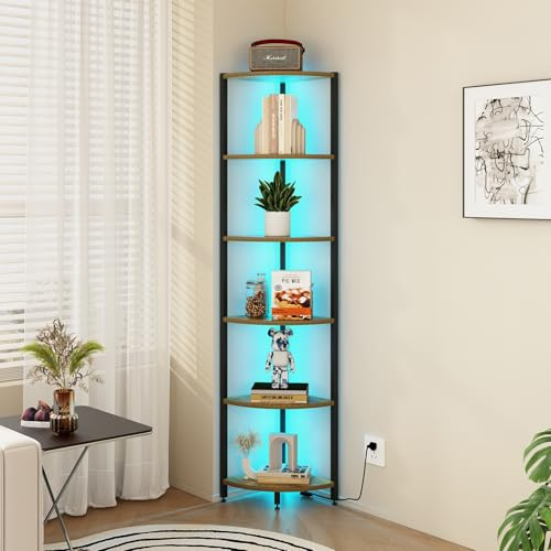 FviMzailon 6-Tier Corner Shelf with LED Lights - 65 Tall Narrow Bookshelf, Standing Shelf with Storage Rack, Sturdy Metal Frame & Waterproof Shelves, Rustic Brown, for Living Room/Bedroom/Bathroom