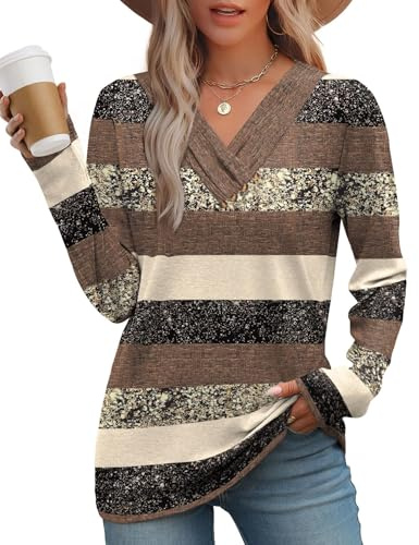 WIHOLL Women's Jumpers Long Sleeve Tops V Neck Ladies Tunic Tops Brown Stripe Size 22-24