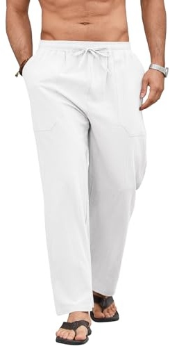 Pantalón Lino Hombre Verano de Mezcla Algodón y Lino Ligero Transpirable con Cintura Elástica Cordon y Bolsillos Pantalones de Lino Hombre Corte Largo Blanco XXL