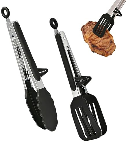 2 Pcs Food Safe Silicone Kitchen Tongs, Kitchen Tongs with Resting Gadget Stainless Steel Nonslip Cooking Handle for Baking Frying Steak Serving Buffet Barbecue Pizza Salad (Black)