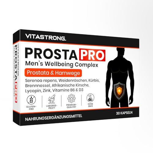 Serenoa Repens Integratore Prostata Uomo ProstaPro Vitastrong, Vitamina D3, Vitamina B6, Zinco Bisglicinato, Zucca, Ortica, Licopene, Saw Palmetto e Pygeum, 1 Capsula/Giorno Senza Glutine, Lattosio