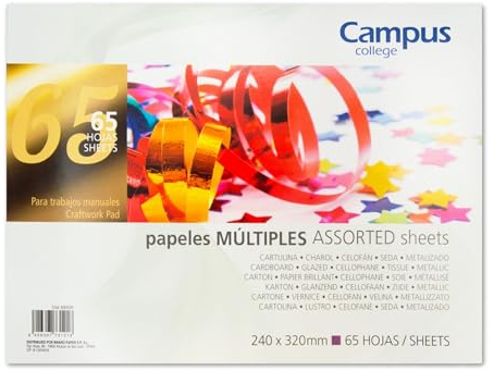 Campus College - 65 Hojas Papel Múltiple de Colores, Multiusos, Papel Manualidades, Cartulina, Seda, Celofán, Charol, para Manualidades DIY Scrapbook Tarjetas, Envoltorio de Regalo, Tarjetas, Diseños