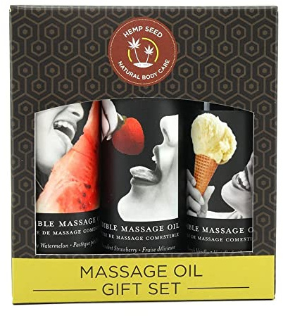 Earthly Body Edible Massage Oil Gift Set - Three 2 fl. oz. Bottles - Watermelon, Strawberry & Vanilla Flavors - Hemp Seed, Almond, Grapeseed, Apricot & Vitamin E Oil - Vegan & Cruelty Free