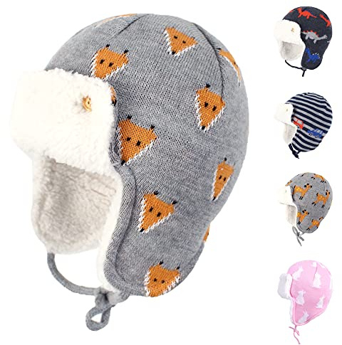 Gajaous Baby Boys Girls Winter Animals Earflap Beanie Hat Kids Infant Dinosaur Fox Pattern Fleece Lining Warm Hat
