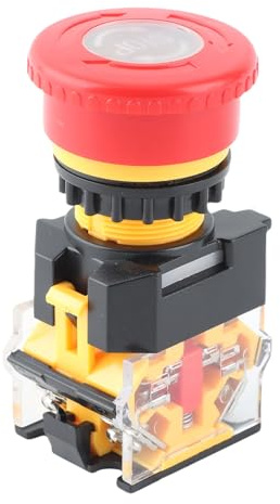 Interruptor de Parada de Emergencia, Orificio de Montaje de 22 Mm Enganche de Tapa de Seta Roja Interruptor de Botón de Parada de Emergencia Metal + Plástico 1NO 1NC Interruptores de botón