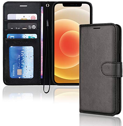 TECHGEAR Etui iPhone iPhone 12, iPhone 12 Pro Portefeuille - Housse en Cuir avec Rabat de Protection, Fentes pour Cartes, Béquille et Dragonne, Cuir PU Noir Compatible avec iPhone 12/12 Pro 6.1
