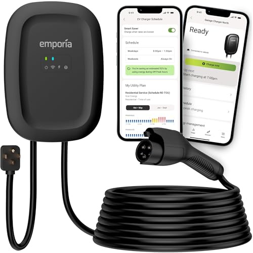 EMPORIA Level 2 EV Charger w/ J1772 Connector — 48 Amp, 240V WiFi Enabled Electric Vehicle Charging Station, 25ft Cable, NEMA 14-50, Black