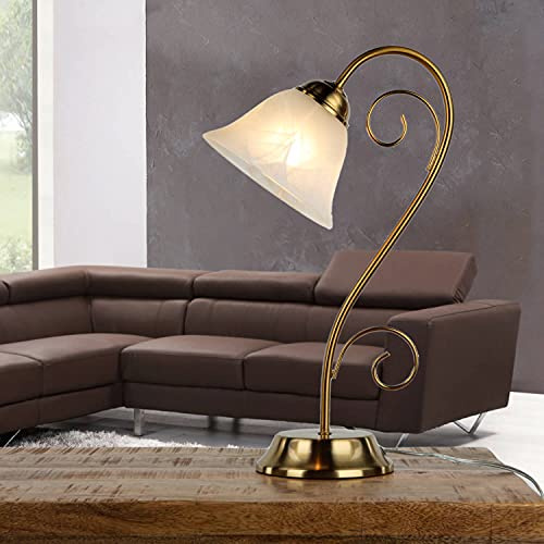 Ljusupplevelser bordslampa lanthus ATHEN i mässing vit metall alabaster bordslampa H:43 cm E14 sänglampa retro skrivbord lantlig stil