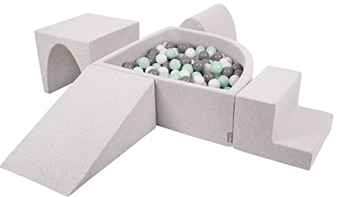 KiddyMoon Spielplatz Aus Schaumstoff Mit Viertel Eckig Bällebad (300 Bälle) Hindernisläufe, Hellgrau:Weiß/Grau/Minze