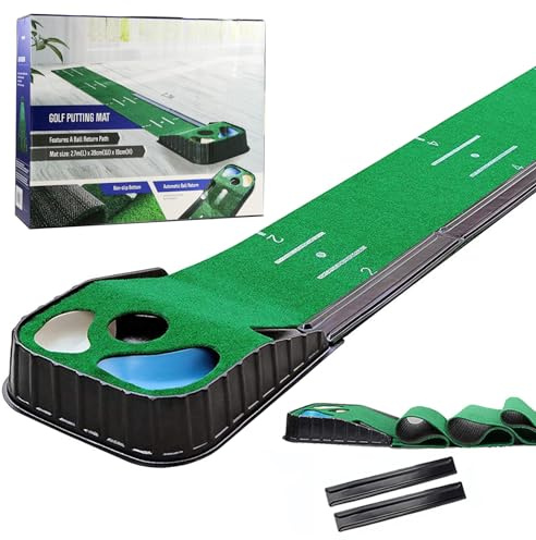 Golf Putting Mat Length 106''(270cm) with Auto Ball Return - Indoor Outdoor Practice Mat with Alignment Lines Non-Slip Base Home Office Golf Training Aid Gift for Golf Lovers