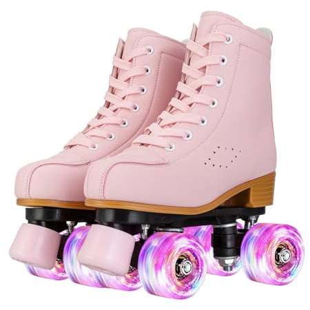 MEIGLQEA Roller Skates for Girls & Women, Cozy PU Leather Pink & Purple Light Up Skates - Indoor/Outdoor, Youth Beginner Girls (36-US Women 6/ Youth 5, Pink)
