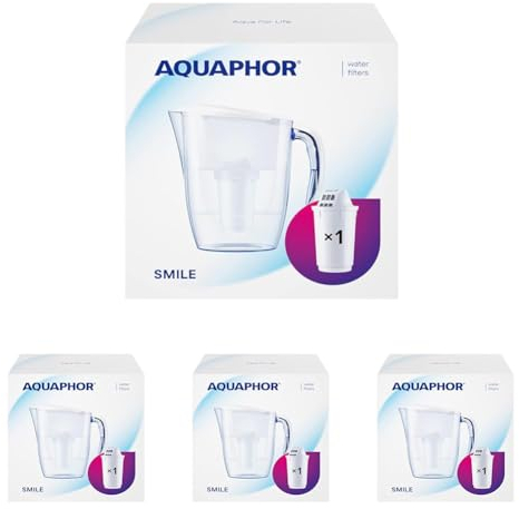 AQUAPHOR Water Filter Jug Smile, Space-saving, Lightweight Fridge door fit 2.9L Capacity 1 X A5 350L Filter Included Reduces Limescale Chlorine & Microplastics, White. (Pack of 4)