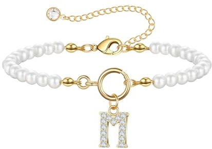 TINGN Pulsera de perlas Regalos para mujeres y niñas – 18 K Oro relleno CZ Charm Letras Pulsera Perlas Pulseras Señoras Regalo de Cumpleaños para Mujeres Novia Niña Dama de Honor Regalos, 15cm +6,3 cm