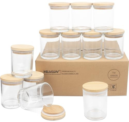 MILIVIXAY 12 Pack 7 OZ Clear Thick Glass Candle Jars with Lids - Bulk Empty Candle Jars for Making Candles - Spice, Powder Containers.
