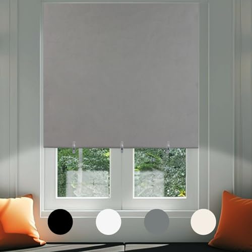 Maritown No Drill Blackout Blind Stick on Thermal Curtains, 90W x 180H cm | Grey, Cut to Size, Self Adhesive, Adjustable Clips, Easy Fit, Portable, Travel, Temporary, for Bedroom Nursery Kitchen, Door
