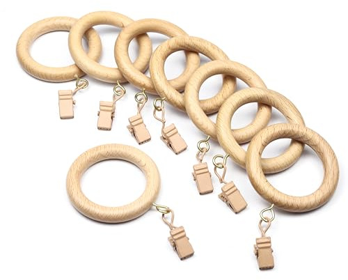24 Pack Wooden Curtain Rings with Clips, 1.75 Inch Inner Diameter, Natural Beach Wood Curtain Rod Rings, Smooth Buffed Drapery Rings with Clips