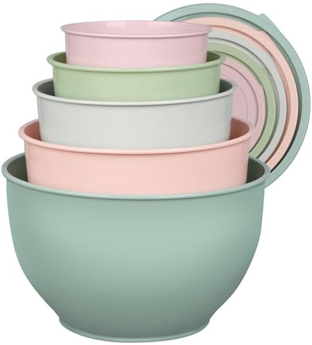 Greentainer Plastic Mixing Bowls Set with Lids, Nesting Bowls for Prepping, Serving, Cooking & Baking, Large Mixing Salad Bowl for Kitchen Storage, Dishwasher & Microwave Safe, Set of 5 (Gray&Pink)