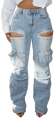 Unybwonn Women Rhinestone Cargo Jeans High Waisted Baggy Sexy Sparkly Cut Out Ripped Distressed Stretchy Denim Pants Blue