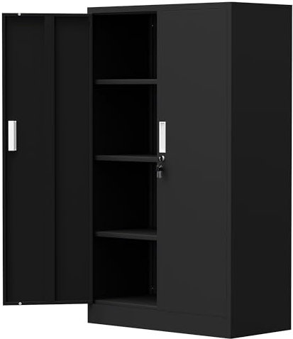 Aktenschrank Büroschrank Lagerschrank Metallschrank Stahlschrank, Aufbewahrungsschrank aus Metall mit verschließbaren Türen und 3 verstellbaren Regalen 136x80x40cm (Schwarz)