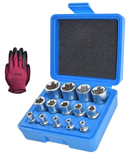 Yuesstloo E-Torx Socket Set, 14 Piece Female E-Torx Star Socket Set, 1/4 3/8 1/2 Drive, E4 to E24 External Torque E Socket Set, 14pcs Star Socket Kit