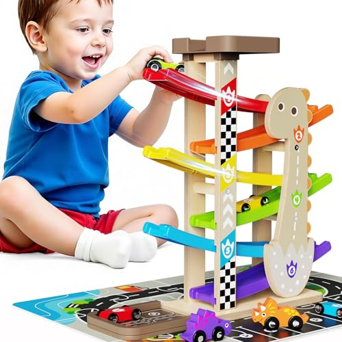 AmazingJoy 6X Rampe de Course Circuit Voiture Enfant Garage Voiture Bois 6 Mini Voitures Dinausore Jouet Bebe 1 2 3 Ans Montessori motricité Fine Cadeau Noël Filles et Garçons Jeu educatif des 1+ an