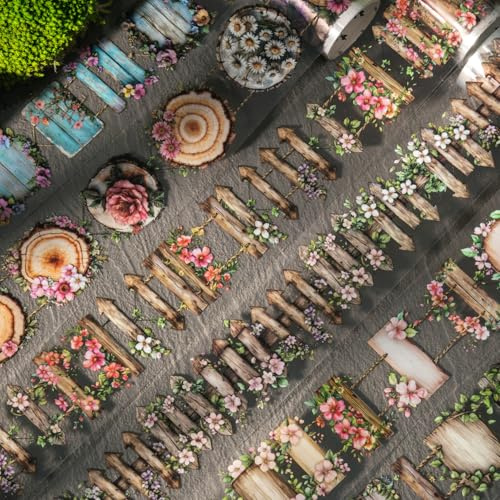Alideco 6pcs Decorative Adhesive Tapes Vintage Flower Ladder Wooden Plaque Wheel of the Year PET Tape Great for Bullet Journal Supplies, Arts, Scrapbook, DIY Crafts, Planners (nuoweidesenlinzhijian)