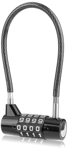 4 Digit Combination Cable Padlock with 7 inch(175 mm) Bold Steel Cable Long Lock Waterproof for Lockers, Bikes, Cabinets, Gates, Small Sheds, Luggage Black