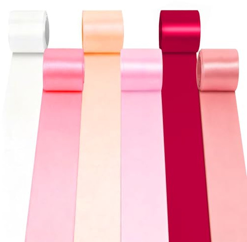 6 rollos de cinta de raso, 50 mm de ancho, 10 m de ancho, guirnalda de satén de seda grande, para envolver regalos, cintas de tela anchas, borde de alambre para decoración de bricolaje (rosa)