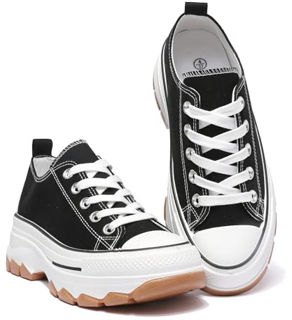 Women’s Platform Canvas Sneakers – 5cm Thick Sole Lace-Up Trainers | Low-Top Chunky Shoes for Casual Streetwear & Daily Comfort Black