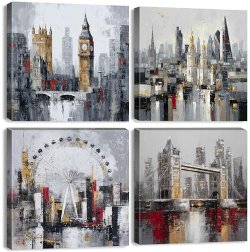 AREBOLO 4 piezas Arte abstracto moderno urbano acuarela paisaje imágenes decoración de pared salón dormitorio londres parís lienzo pintura cuadros impresiones de paisajes pósters pintura 12x12”