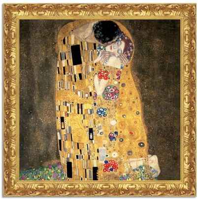LuxHomeDecor Gustav Klimt - Il bacio - Quadro stampa su tela effetto dipinto con cornice in legno oro classico - 60x60 cm