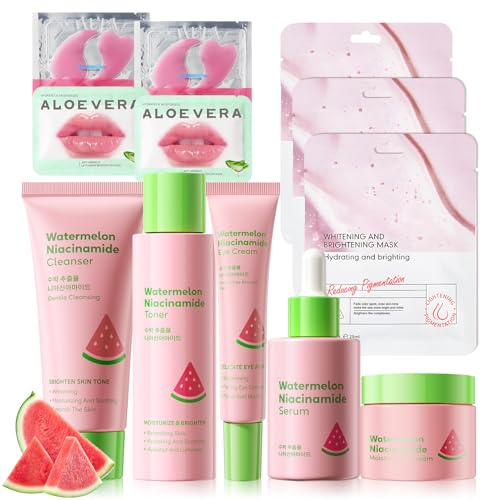 Set de Cuidado de la Piel con Niacinamida y Sandía, 12PCS Set Cuidado Facial Mujer, Kit Regalo Mujer, Regalos Para Mama, Hidrata y Humecta, Unifica el Tono de la Piel