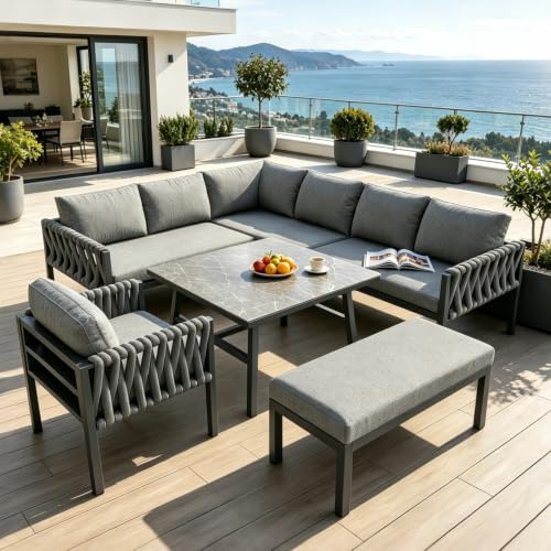 luckdect Salon de Jardin ExtéRieur 5 PièCes en Forme de L,Ensemble de Meubles Jardin 6-8 Places,Canapé en Angle,Table,Banc,Fauteuil à Accoudoirs,Tressée,Coussins Inclus