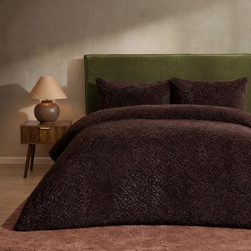 Brentfords Teddy Fleece Duvet Set King Size Duvet Cover Sets, Coffee | Soft Teddy Fleece Duvet Cover With 2 Pillowcases Fits King Bed Machine Washable