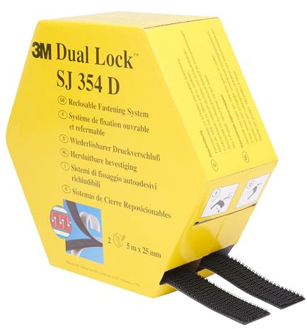 3M Dual Lock SJ354D Sistemas de cierre reposicionable - Se une bien a numerosos plásticos como polipropileno o polietileno y pinturas críticas, 25 mm x 10 m, negro, 5.7 mm, 1 unidad