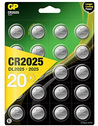 GP litium knappceller CR2025 3V, knappbatterier CR 2025 spänning 3 volt, (20 stycken batterier CR2025, kan tas bort individuellt)