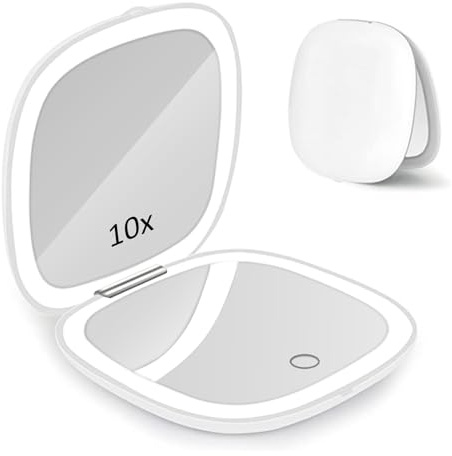 Micacorn LED Light Travel Makeup Mirror 1X 10X Magnified Compact Mirror USB Charging Folding Mirror Touch Screen 3 Colors Brightness Adjustable Portable for On the Go and Handbag