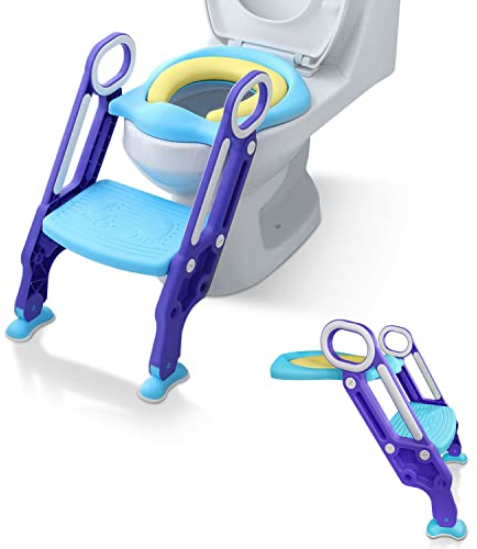 TRMLBE Toilettensitz Kinder mit Treppe Faltbar Kindertoilette Sitz Toilettentrainer Lerntöpfchen Höhenverstellbar Töpfchen für Kinder ab 2 Jahre mit PU Gepolstert Kissen - Blau und Lila