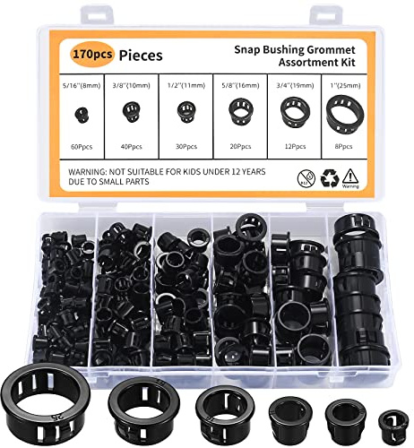 170 Pcs Cable Snap Bushing Grommets, Black Round Nylon Snap in Cable Grommet Protector, 5/16 3/8 1/2 5/8 3/4 1 Cable Snap Hole Plugs Locking Bushing Assortment Kit