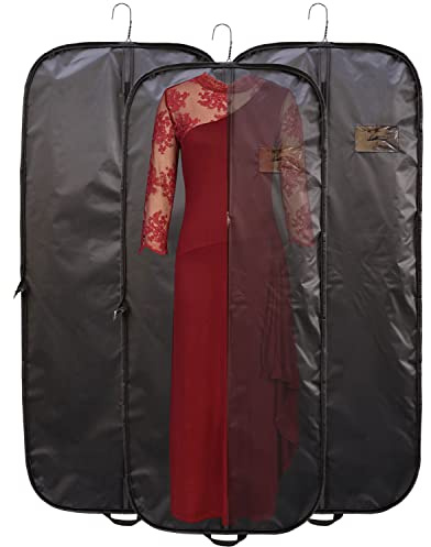 Svart nylon vikbar lång klänning skyddsfodral för kvinnor. Vattentät dammsäker Peva klädskydd unisex bärväskor 138 cm (54 tum) med full dragkedja för förvaring och resor, Svart, Pack of 3, Klädskydd