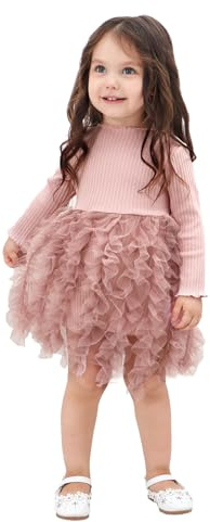 Miipat Bebis Flicka, långärmad, tyll, flicka, prinsessa, klänning, höst, vinter, stickad ribbad tröja, klänning, rosa, 18-24 mois