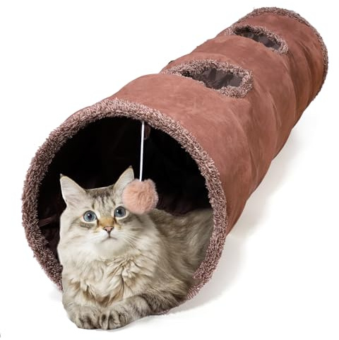 ZENFUN 51x 12 Collasiple Cat Play Tunnel, Cats Tubes and Tunnels, Cat Foldable Hide and Seek Tunnel Toy, Brown Suede Pet Tube Toy for Rabbits, Ferrets, Puppy, Diameter 12 Inch