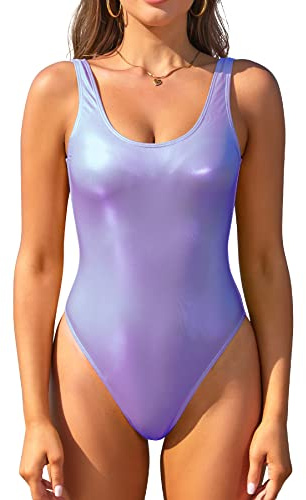 SHEKINI Donna Abito da Bagno in Una Parte Addominale Profondo U Retro Lucido Moda da Bagno Bodysuit Sottile Monokini Costume da Bagno, Blu, XS