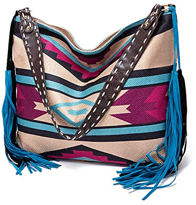 NICOLE & DORIS Sac a Main Coloré Femme Sac Cabas Toile Sac Boheme Sac Fourre Tout Bandoulière Sac D'épaule Rétro Grand Sac Epaule de Shopping Voyage Motif 4