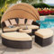 Mucola Sonneninsel mit Sonnenschutzdach Sonnenliege Braun Polyrattan Lounge Gartenmuschel 180CM Gartenliege 10 cm Dicke Kissen | wetterfest | (Braun)